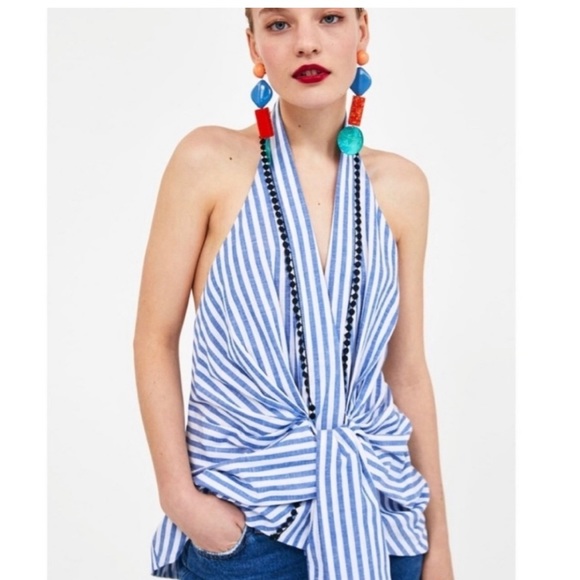 Zara Blue/White Striped Halter Wrap Top with Embroidery - Picture 3 of 9